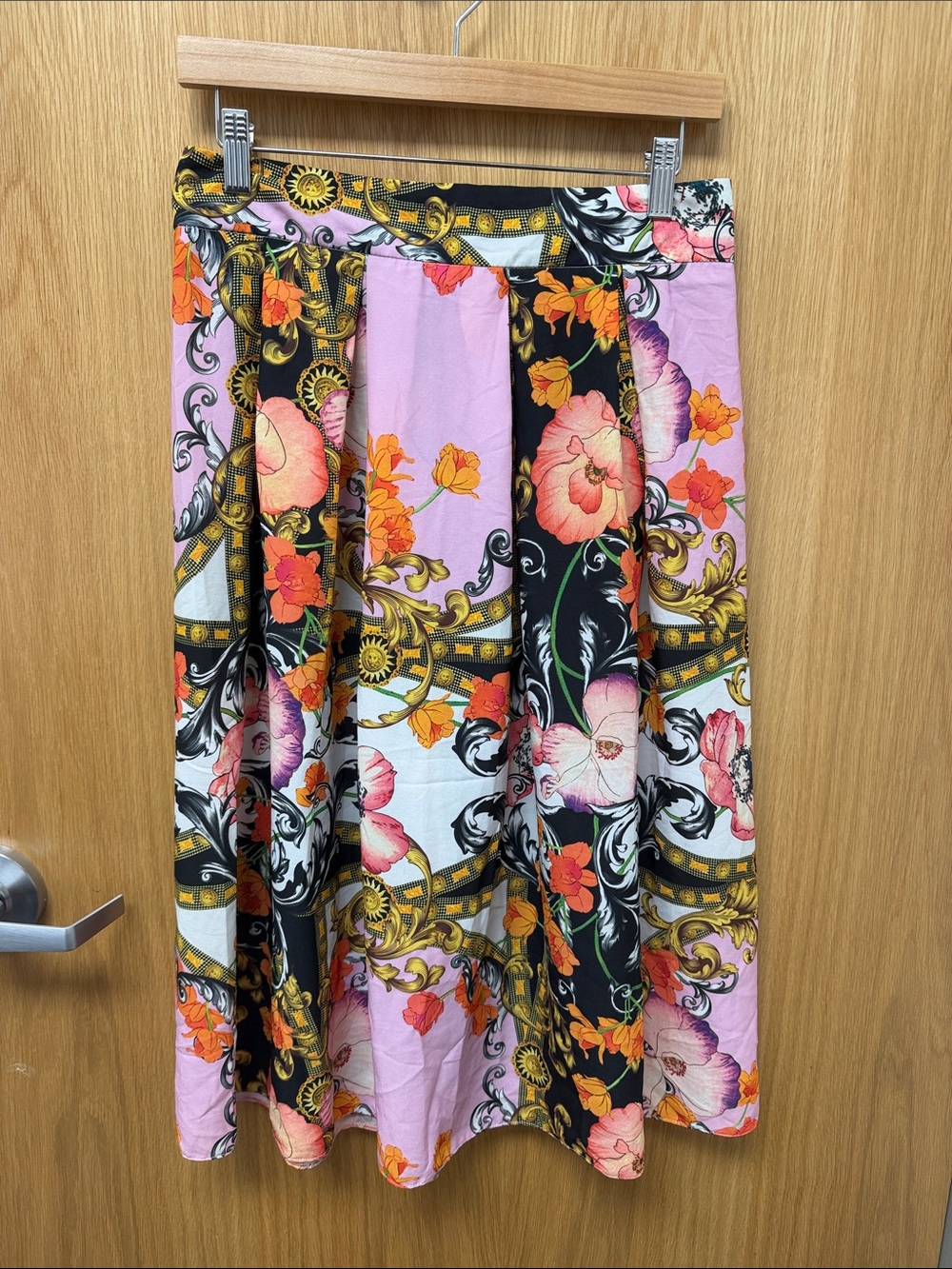ASOS Floral Baroque Designer Inspired Pleated Midi in Pink, Black & Gold Size 8